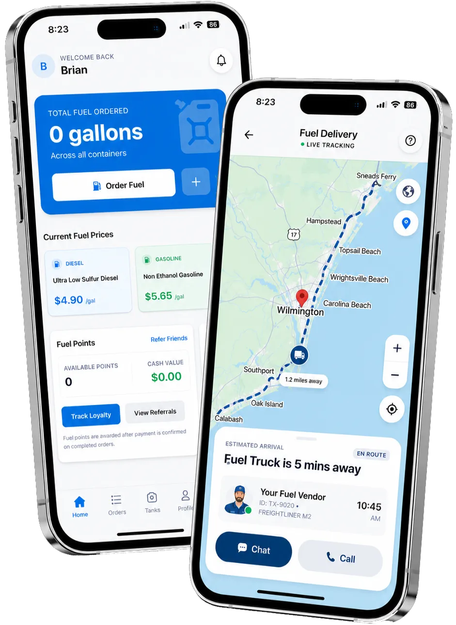 The Fuel Wave app: the home screen with fuel prices and the live delivery map