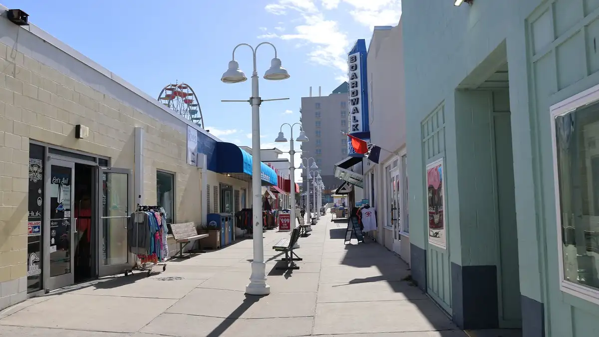 The Carolina Beach Boardwalk, the Ferris wheel at the far end