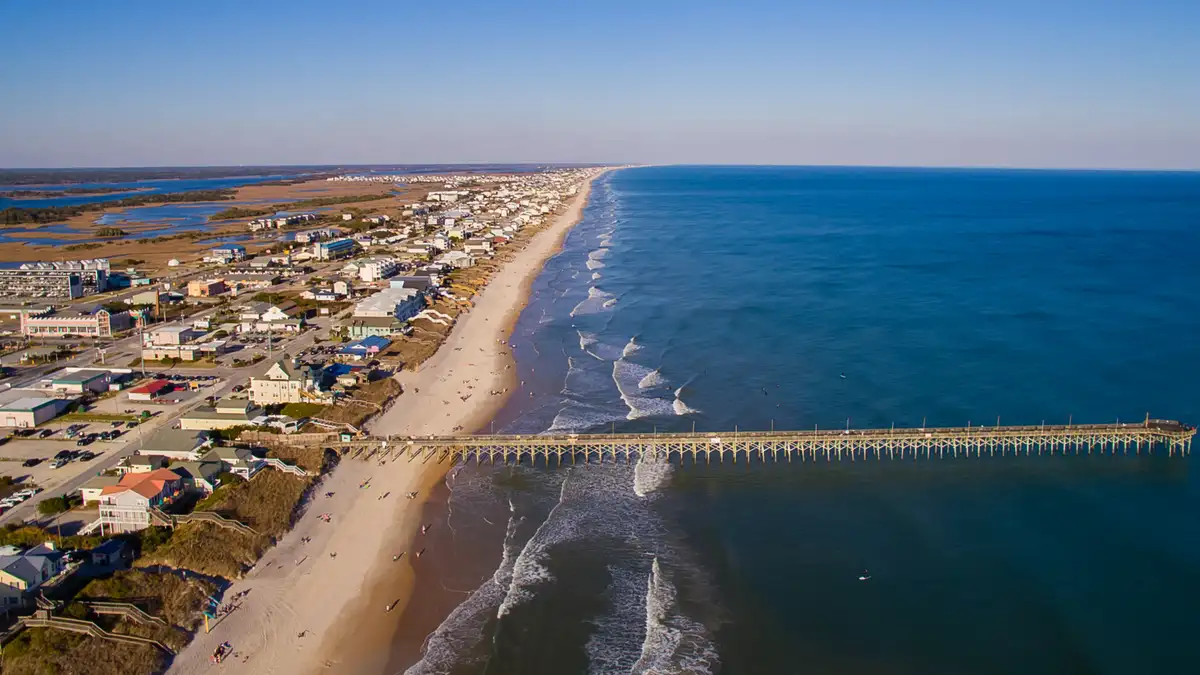 Surf City Pier and the beach at Topsail Island, from the air